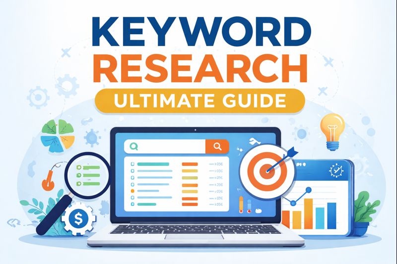 Keyword research guide showing SEO keywords, analytics dashboard, and search data for beginners