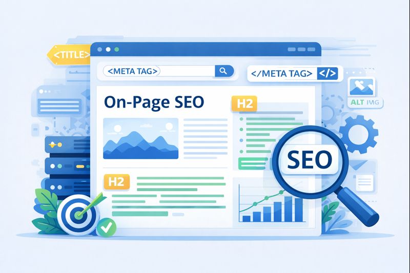 On-page SEO illustration showing optimized webpage layout with content blocks, meta tags, headings, images, and SEO analysis elements in clean flat design.