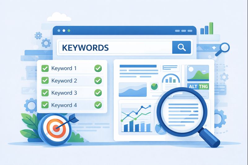 Keyword research illustration with search bar, keyword list, analytics dashboard, and target icon.