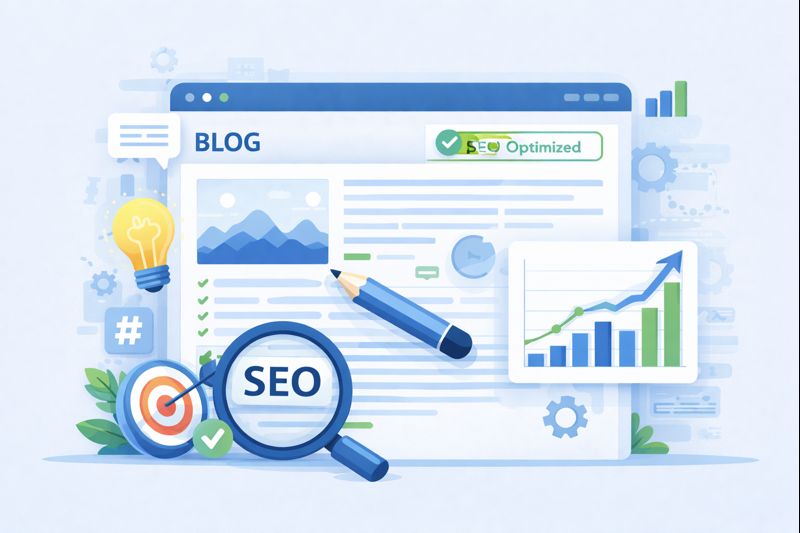 Content SEO illustration with blog layout, writing icons, SEO checks, and traffic growth chart.