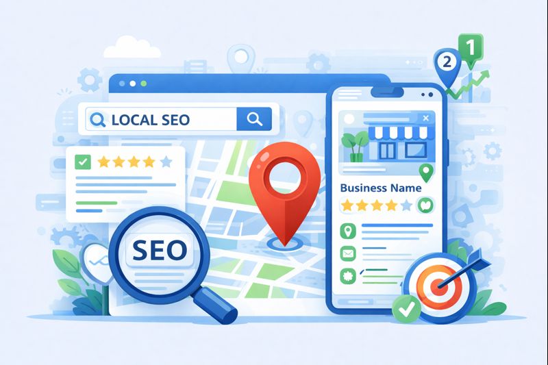 Local SEO illustration with map pin, business location, star ratings, and local search icons.