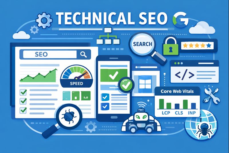 Technical SEO illustration showing website optimization, site speed, crawlability, and SEO performance metrics