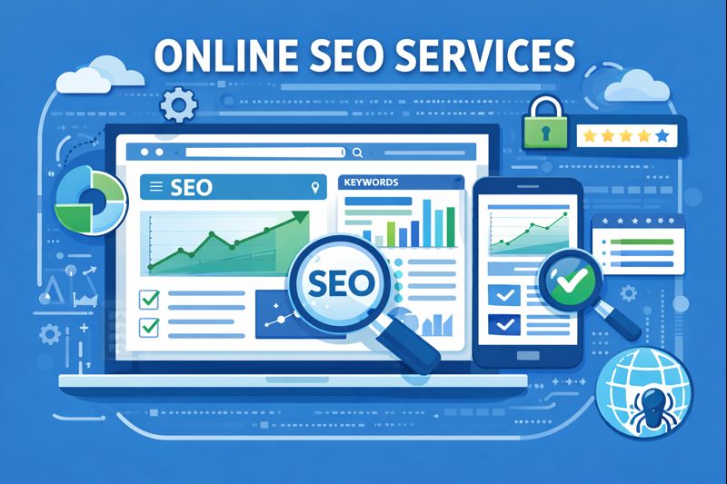 Best SEO services online illustration showing website analytics, keyword charts, and traffic growth dashboard