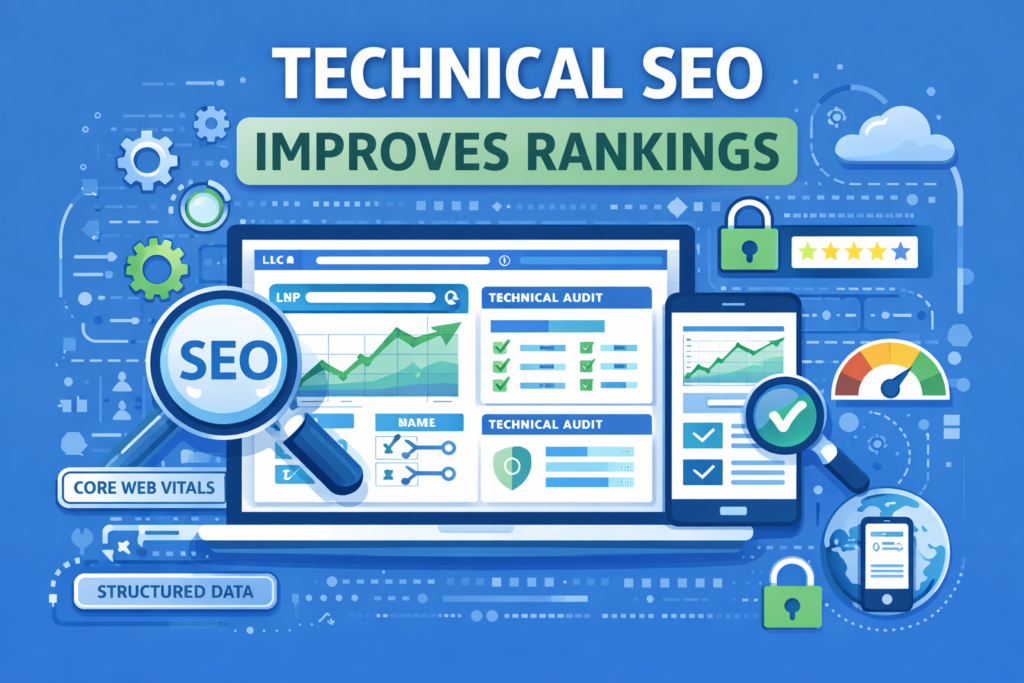 How Technical SEO improves rankings illustration showing website analytics, Core Web Vitals, mobile optimization, and technical SEO dashboard