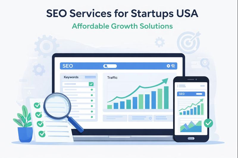 SEO services for startups USA illustration showing startup growth dashboard, keyword charts, and website traffic analytics