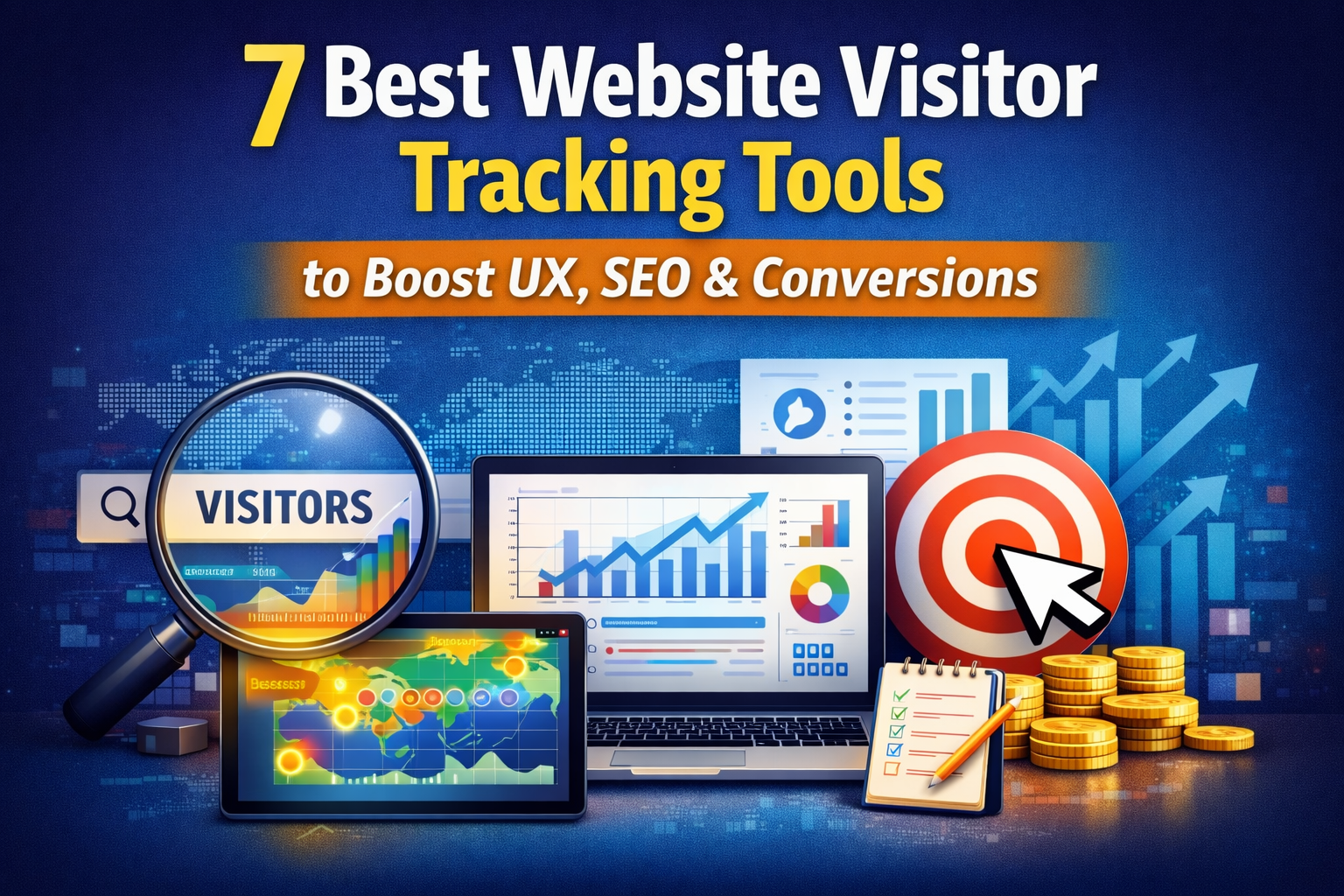 Best Website visitor tracking tools dashboard showing analytics charts, heatmaps, visitor data, and conversion targets