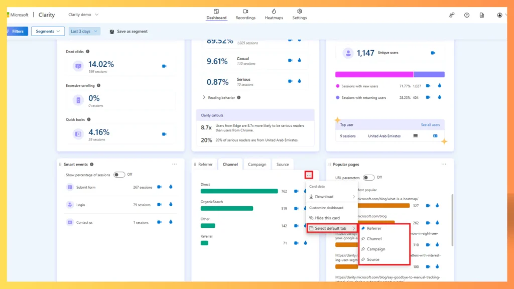 Microsoft Clarity dashboard showing website visitor analytics
