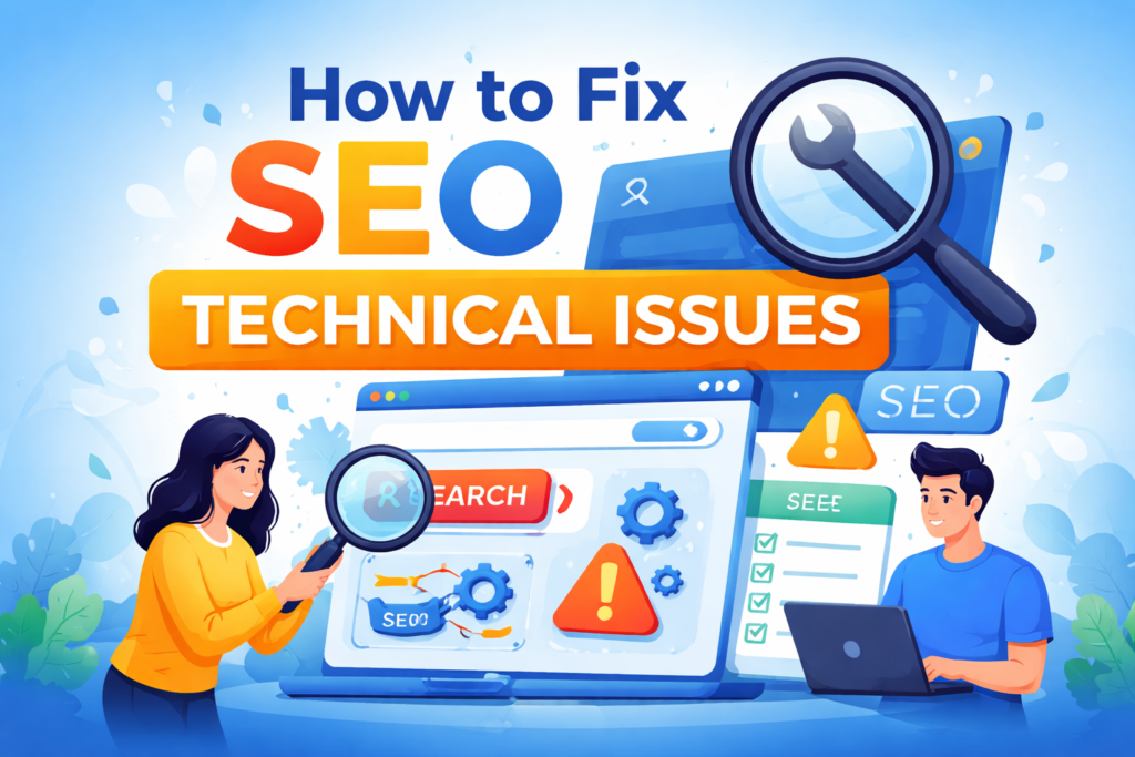 How to fix SEO technical issues illustrated with website audit, SEO tools, error icons, and optimization dashboard