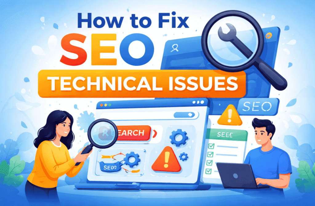 How to fix SEO technical issues illustrated with website audit, SEO tools, error icons, and optimization dashboard