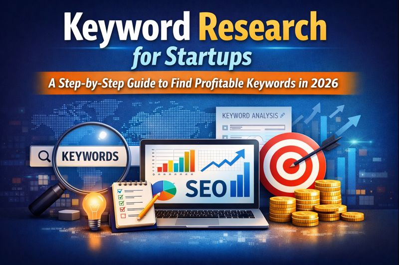 Keyword research for startups showing SEO dashboard, keyword analysis, growth charts, and target icons