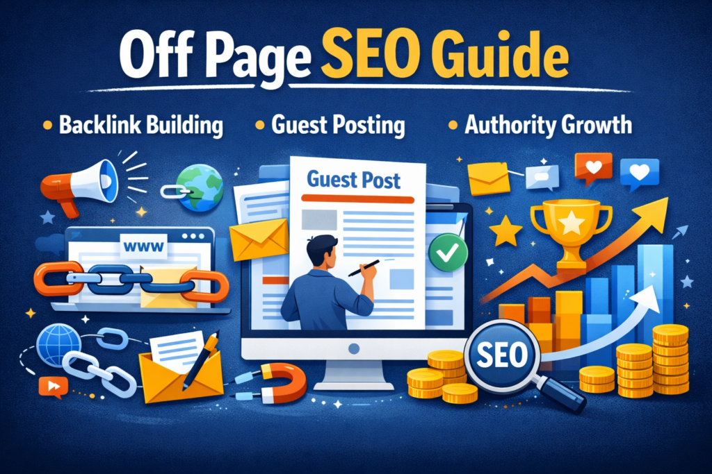 Off page SEO guide thumbnail showing backlink building, guest posting, link authority growth, and digital marketing strategy icons.