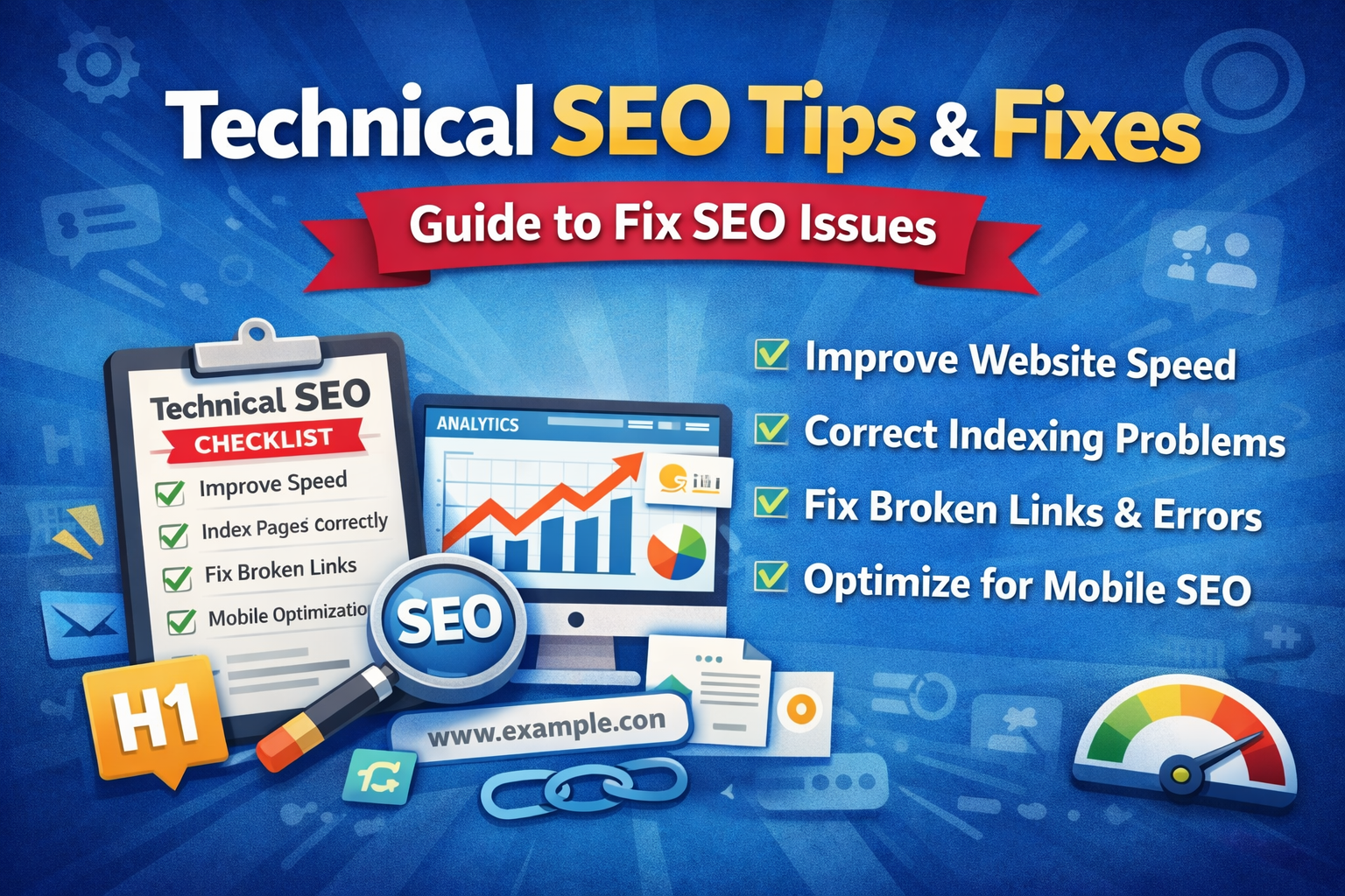 Technical SEO tips thumbnail showing SEO checklist, analytics dashboard, and bullet points for fixing website speed, indexing, and broken links