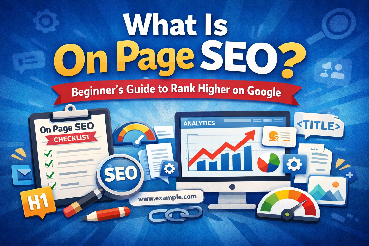 What is on page SEO illustrated with checklist, analytics dashboard, SEO icons, and ranking growth chart