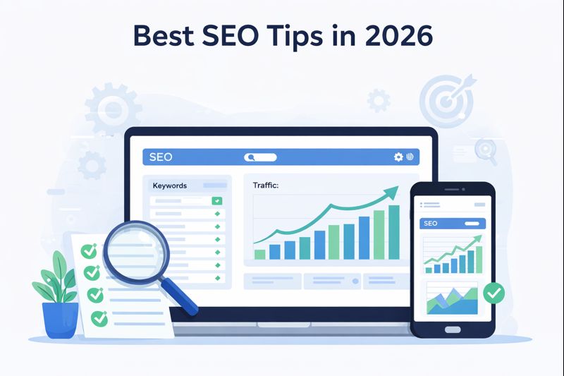Best SEO tips in 2026 illustration showing SEO growth dashboard, keyword charts, and website traffic analytics