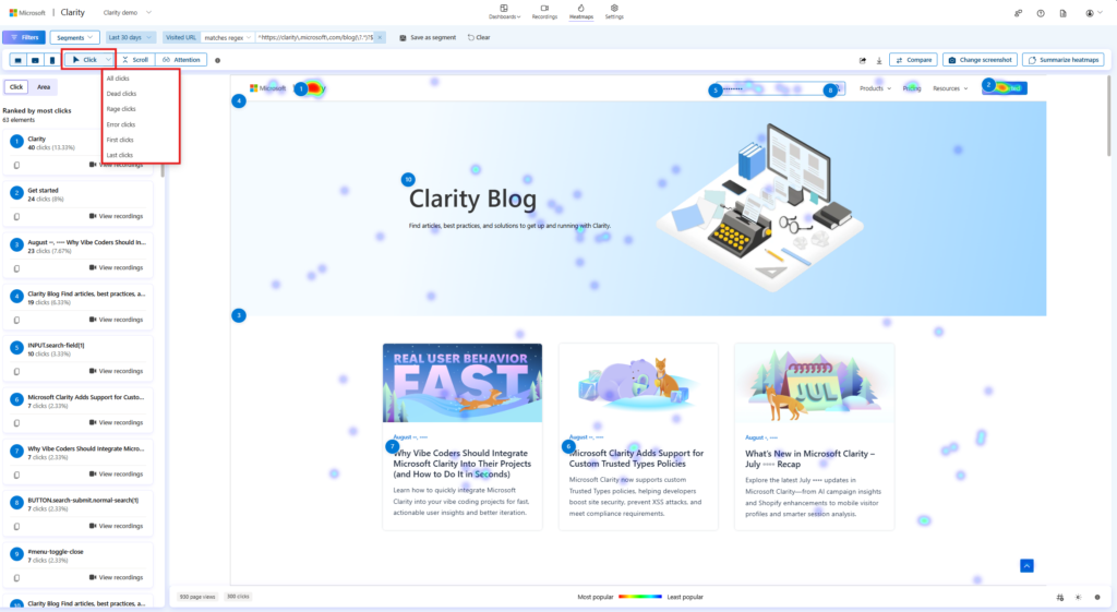 Microsoft Clarity heatmaps visualizing user interaction