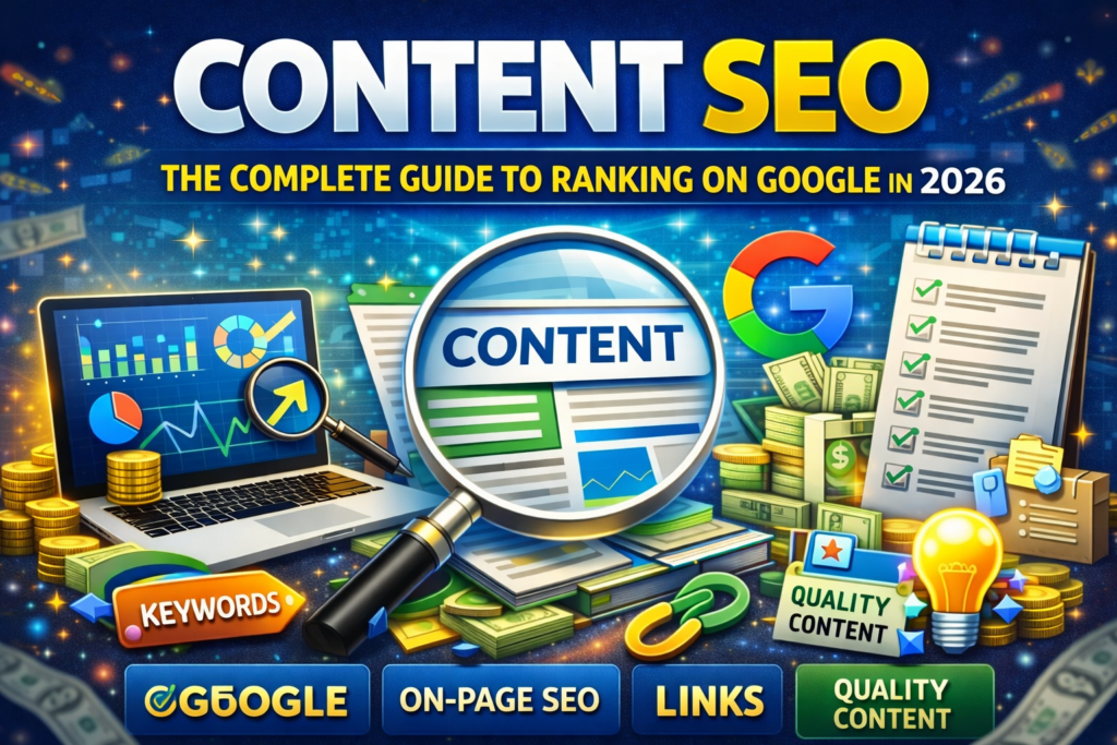 Content SEO guide showing ranking strategies, keywords, links, and Google optimization