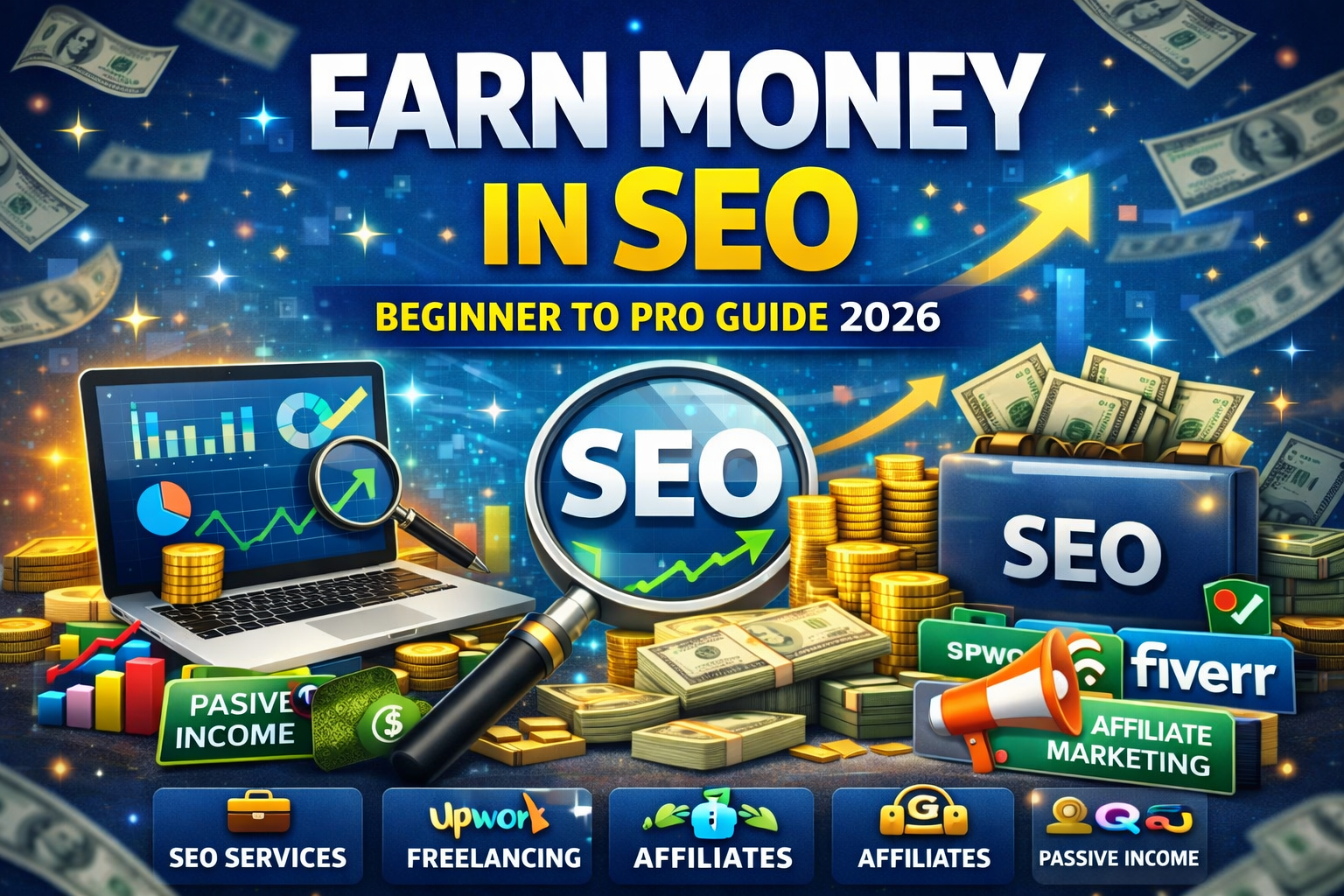 Thumbnail showing earn money in SEO with laptop analytics, magnifying glass, coins, and passive income icons for 2026
