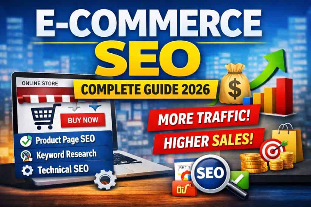 E-Commerce SEO guide 2026 showing online store optimization, product page SEO, and traffic growth strategy