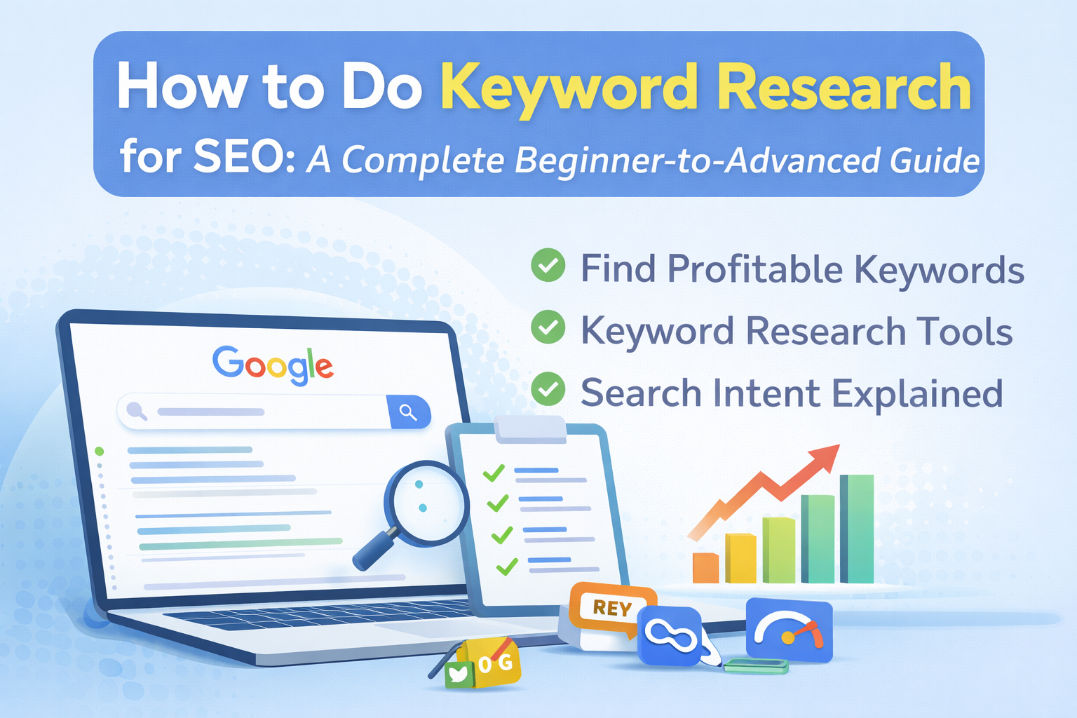 How to do keyword research for SEO thumbnail showing Google search results, keyword research checklist, magnifying glass, and growth chart with profitable keyword strategy.