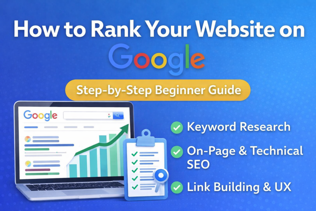How to rank your website on Google with step-by-step SEO checklist, Google search results, keyword research, and ranking growth chart