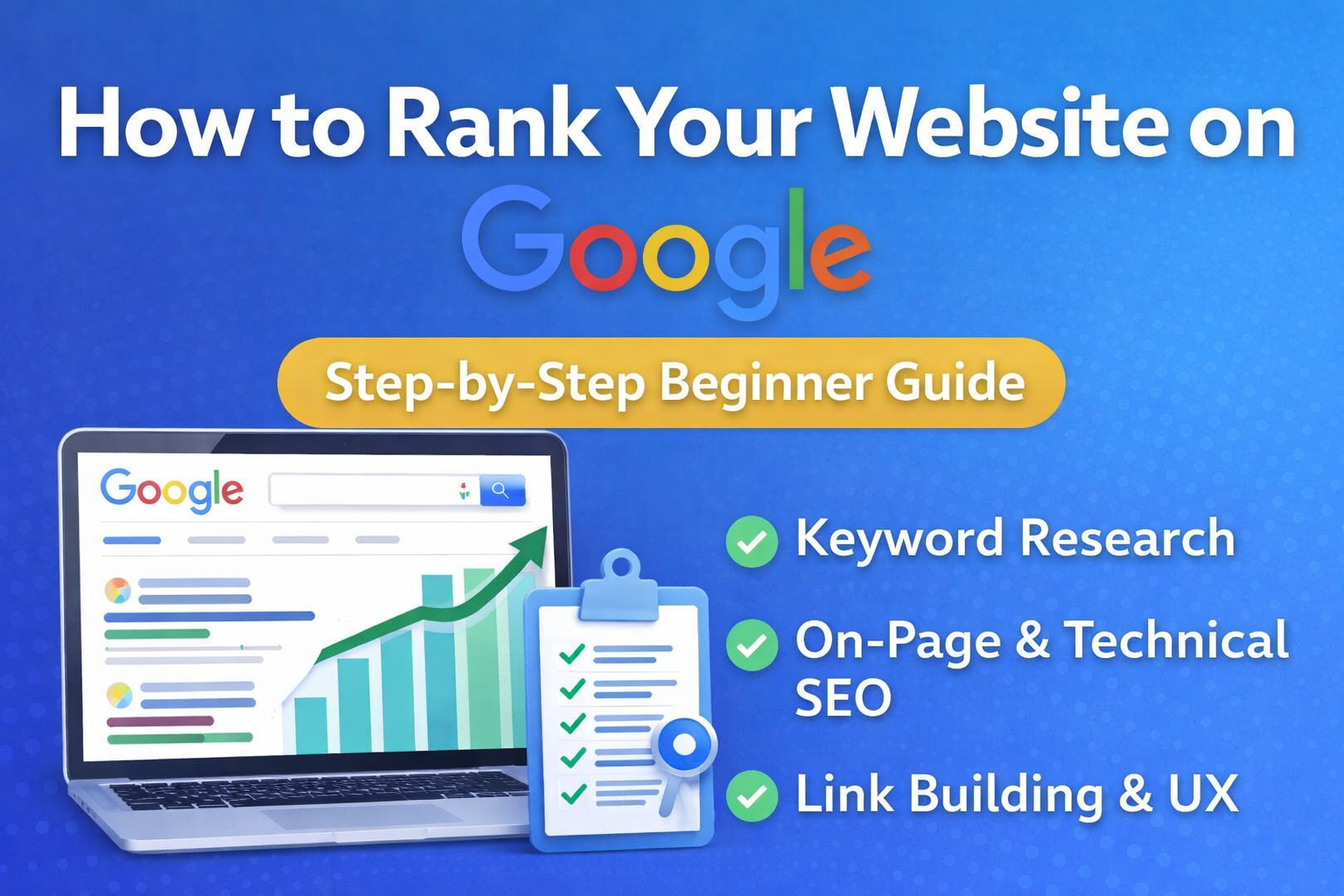 How to rank your website on Google with step-by-step SEO checklist, Google search results, keyword research, and ranking growth chart
