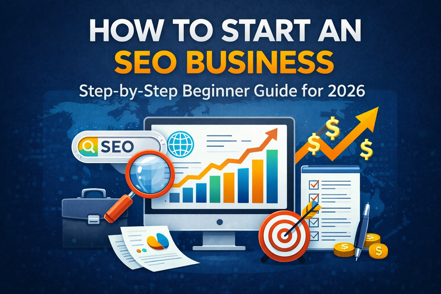 How to start SEO business thumbnail showing SEO growth chart, keyword research icons, digital marketing tools, and step-by-step startup strategy illustration.