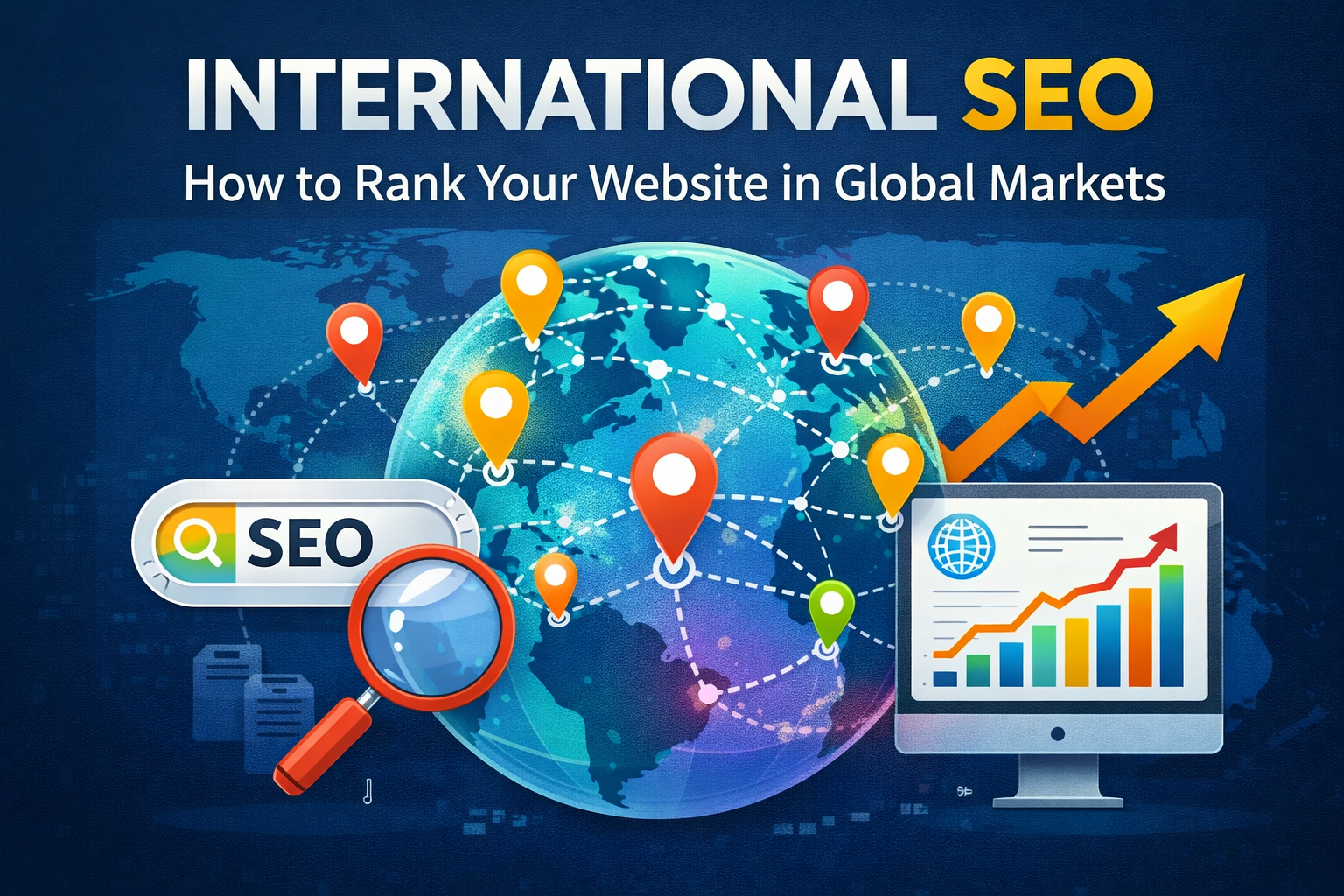 International SEO guide thumbnail showing global search rankings, world map, multilingual website optimization, and global SEO strategy icons.