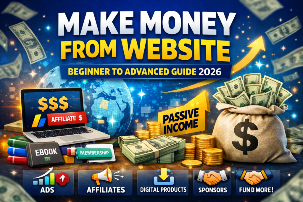 Thumbnail showing “Make Money From Website” with icons for ads, affiliates, digital products, sponsorships, and passive income in 2026