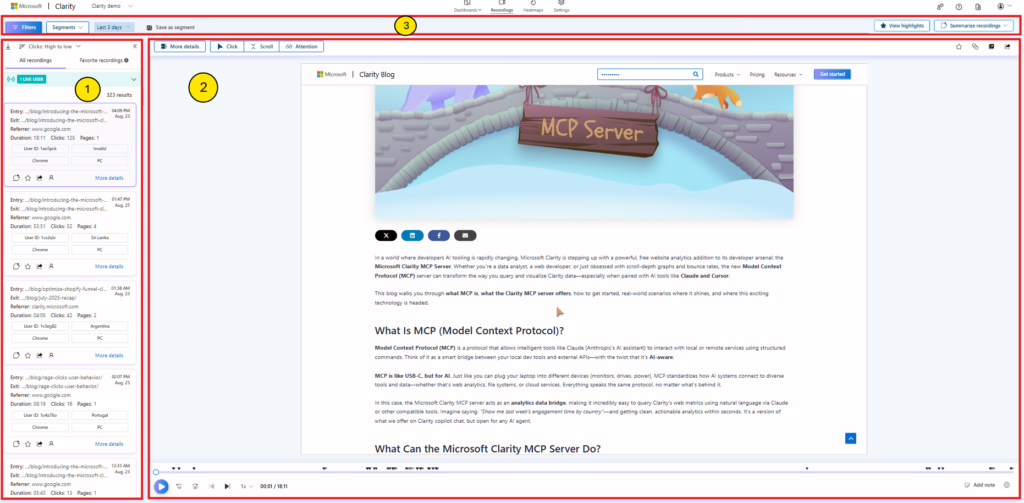 Microsoft Clarity session playback for UX analysis