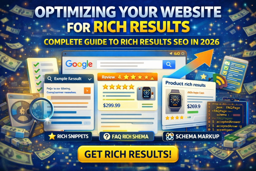 Rich Results SEO illustration showing Google rich snippets, FAQ schema, ratings, and structured data optimization