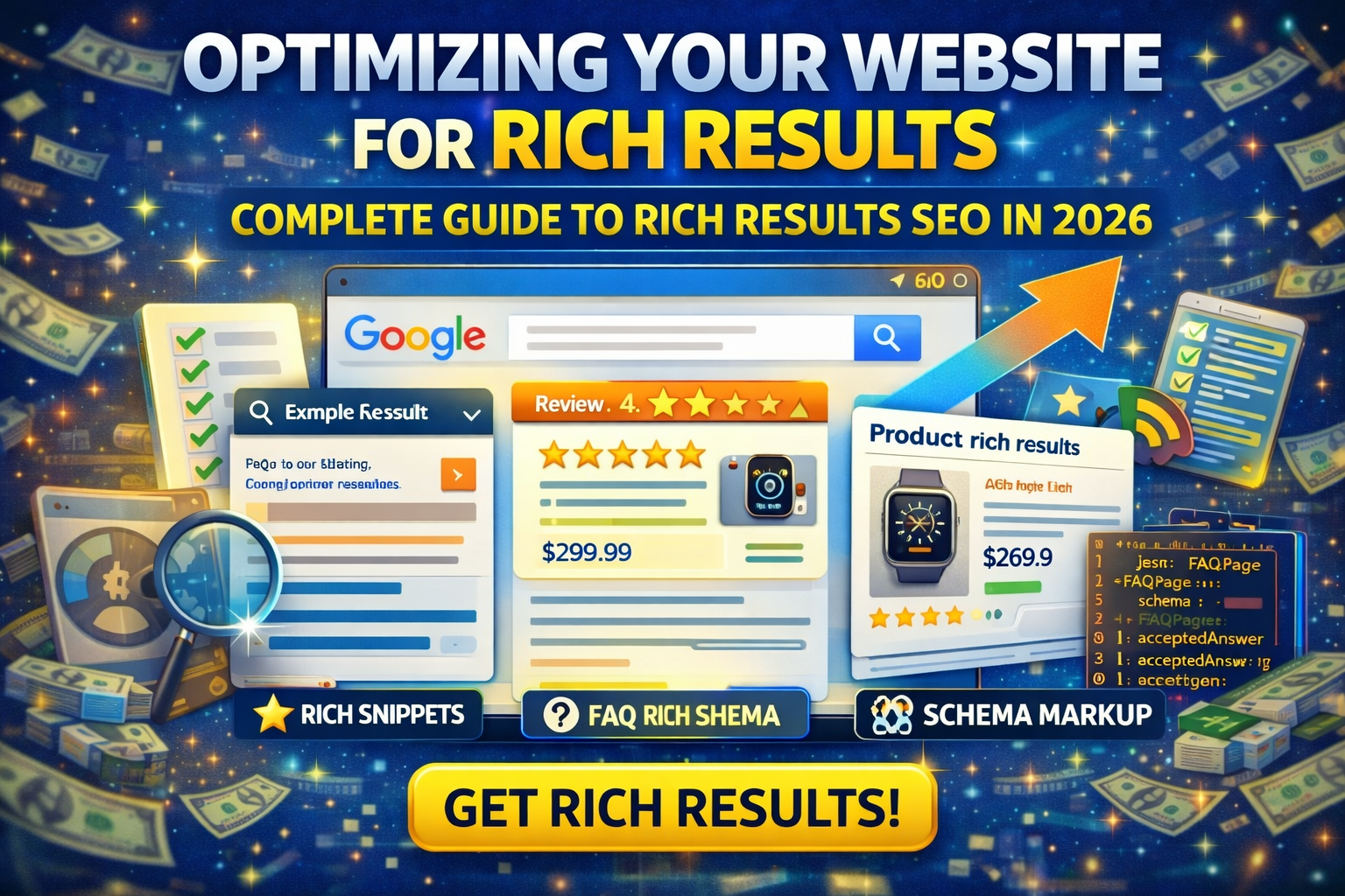 Rich Results SEO illustration showing Google rich snippets, FAQ schema, ratings, and structured data optimization
