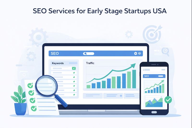 SEO services for early stage startups USA illustration showing startup growth dashboard, keyword charts, and website traffic analytics
