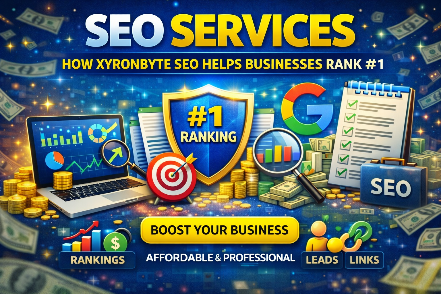 SEO services illustration showing Google ranking growth, traffic analytics, and business lead generation