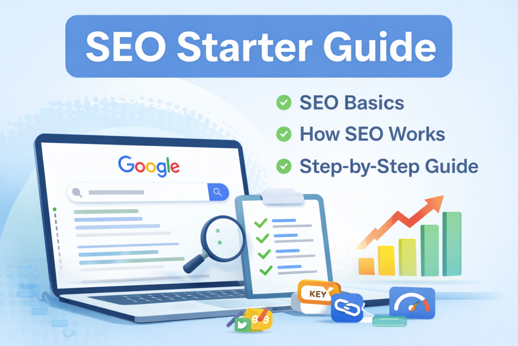 SEO starter guide thumbnail showing SEO basics, keyword research, Google search results, checklist, and beginner-friendly optimization steps
