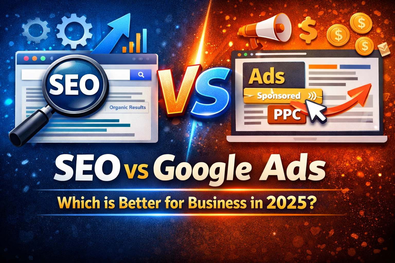 SEO vs Google Ads comparison showing organic search results vs paid PPC advertising for business marketing in 2025