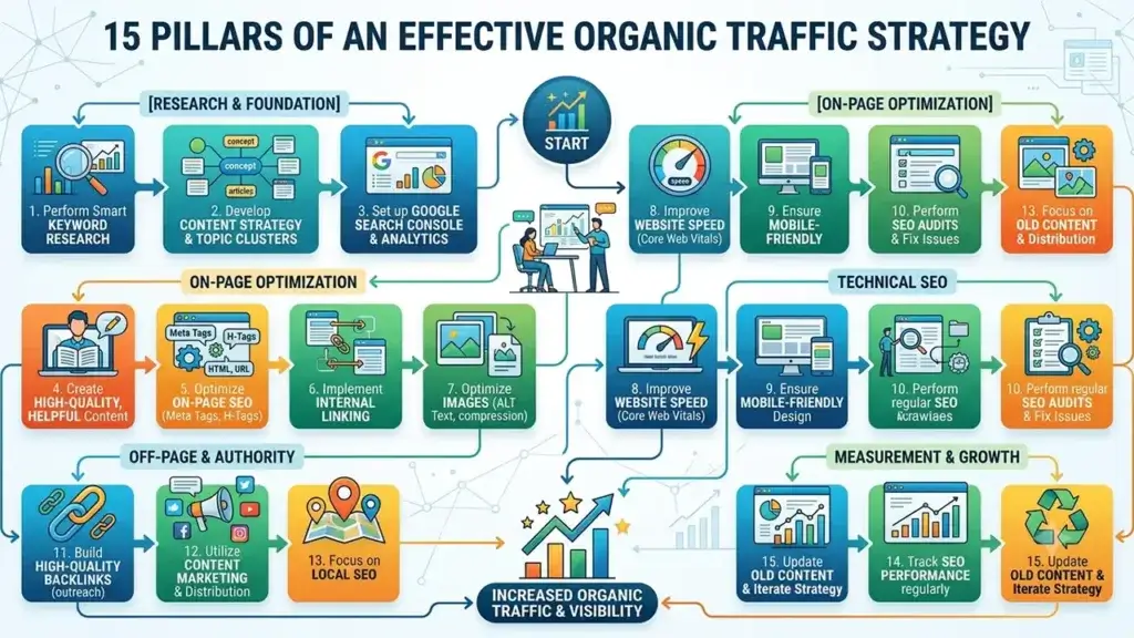 Infographic illustrating a detailed flowchart of the 15 Pillars of an Effective Organic Traffic Strategy, organized into four main phases: Research & Foundation, On-Page Optimization, Technical SEO, and Off-Page Authority. The chart starts with initial keyword research and analysis, moves through creating high-quality content and improving site speed, incorporates core technical SEO principles like schema markup and mobile responsiveness, and finishes with link building and analytics tracking to drive overall traffic and visibility.