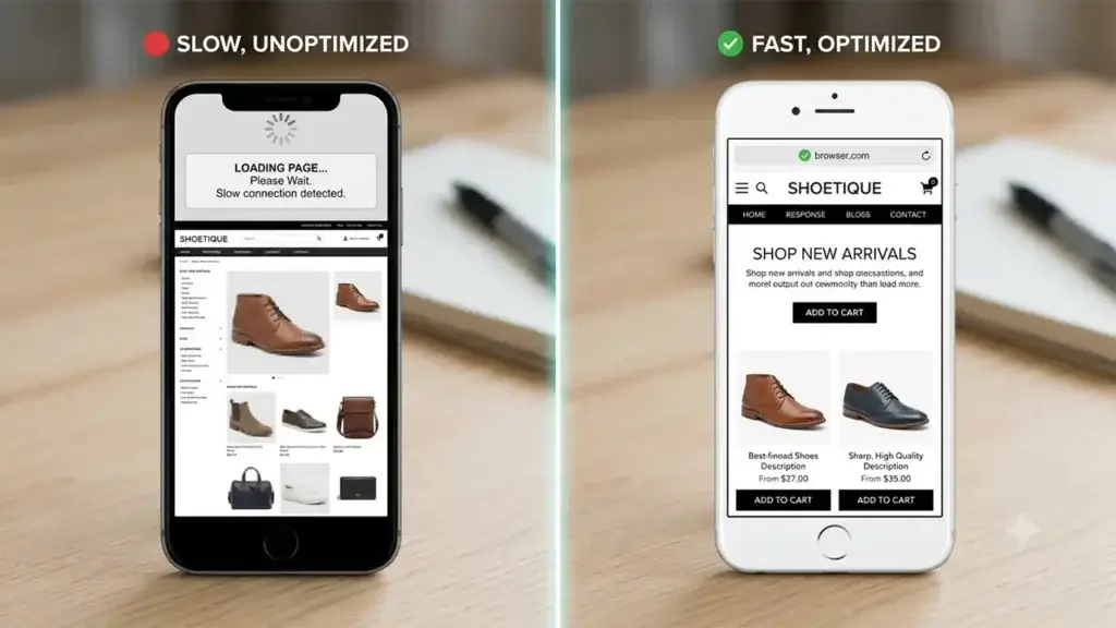 Split-screen screenshot comparing a slow, unoptimized mobile e-commerce page that is loading with pixelated images, versus a fast, optimized, responsive version of the same page with clear images and text.