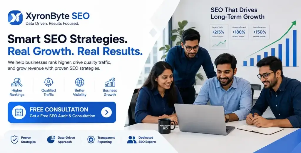 XyronByte SEO professional digital marketing agency team banner offering a complimentary comprehensive website audit and search optimization consultation.